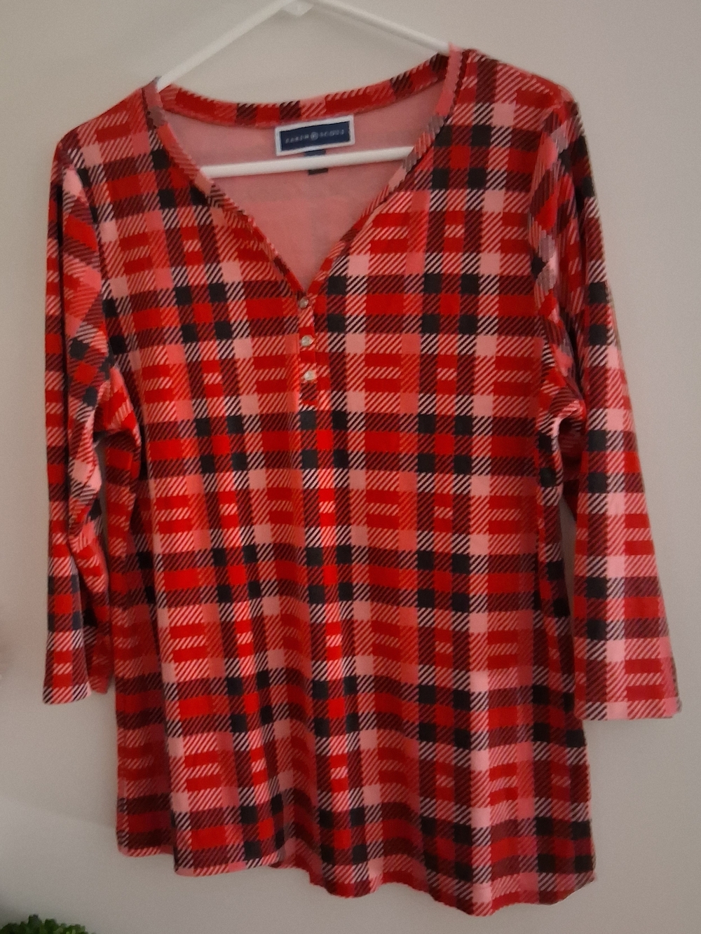 Karen Scott Red Plaid Button-Trim V-Neck Womens Top
